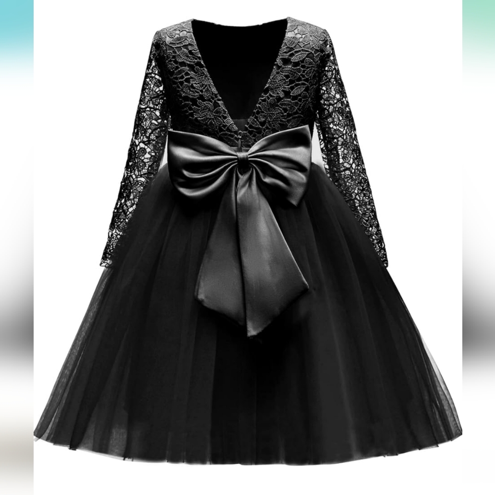Elegant Black Lace-Top Tulle Dress with Bow for Girls